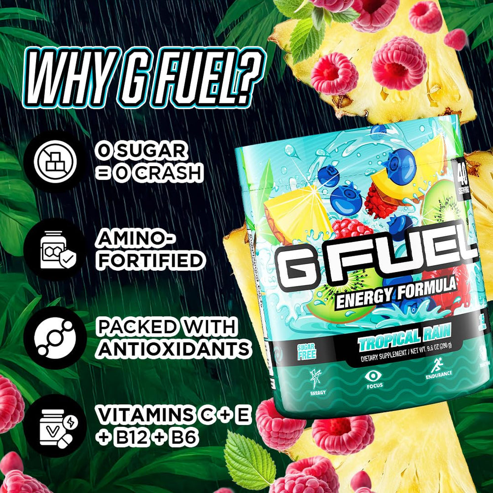 G Fuel Tropical Rain ingredients closeup showcases caffeine, vitamins, and amino focus support.