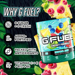 G Fuel Tropical Rain ingredients closeup showcases caffeine, vitamins, and amino focus support.
