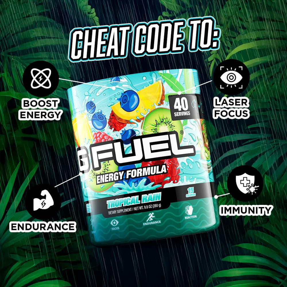 G Fuel Tropical Rain scoop dispensing emphasizes clean pre-workout energy without sugar crash.