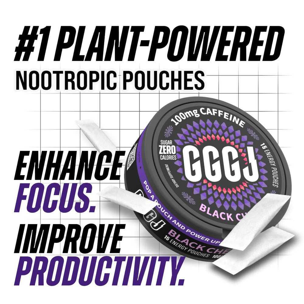 GGGJ nootropic energy pouch Black Cherry pack view supports discreet daily energy.
