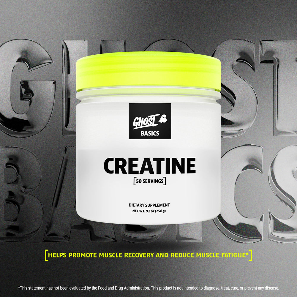 Ghost Basics Creatine powder being mixed in a glass for convenient pre- or post-workout use