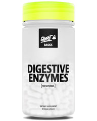 GHOST Basics Digestive Enzymes bottle front with vegan capsules for daily support.