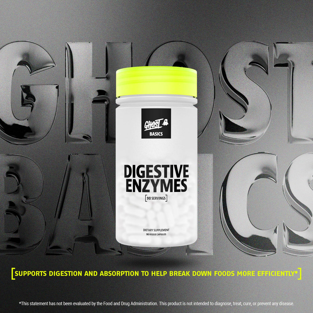 Close-up of GHOST Basics Digestive Enzymes capsules highlighting vegan formula.