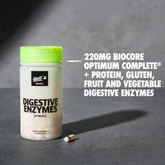 GHOST Basics Digestive Enzymes label displays disclosed ingredients and vegan-friendly design.