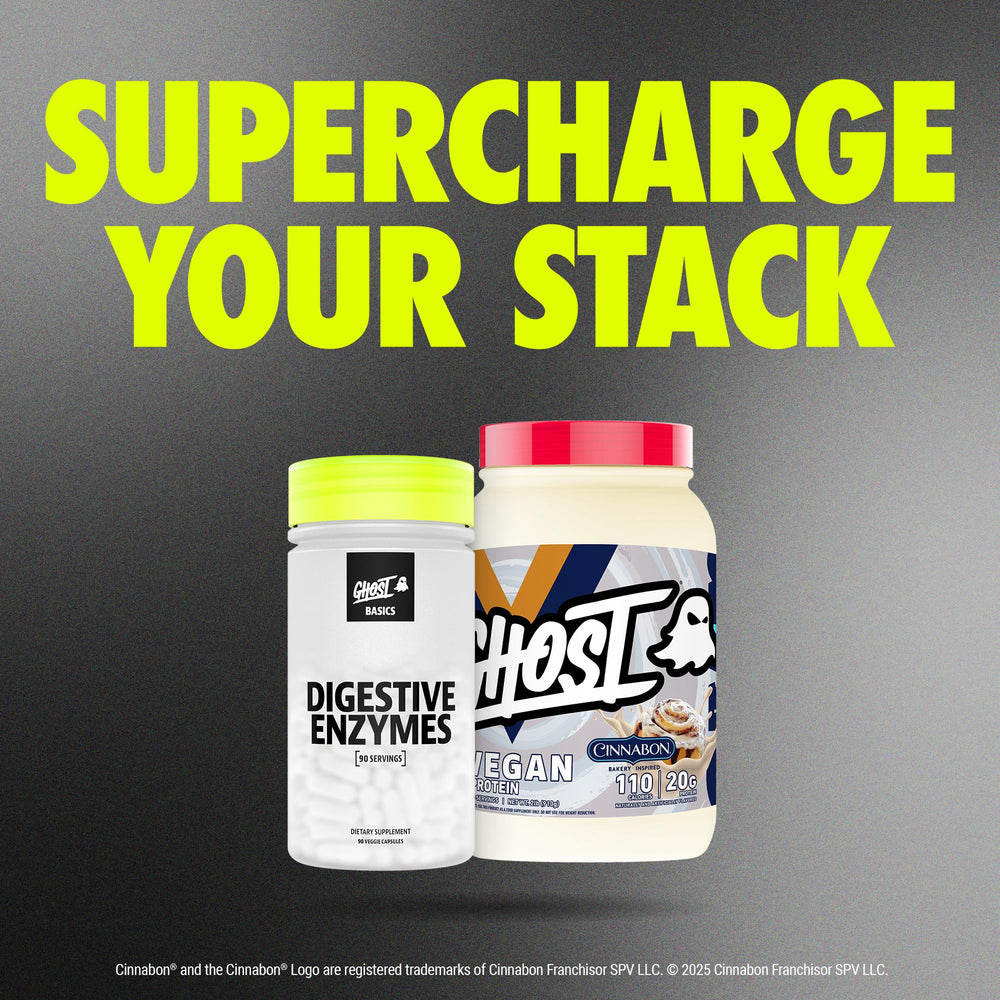 GHOST Basics Digestive Enzymes next to GHOST vegan products for stacking.