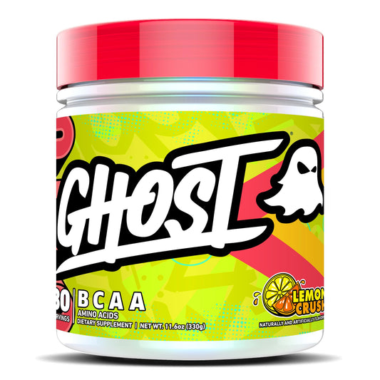 GHOST BCAA Lemon Crush canister on desk, sugar-free hydration for workouts