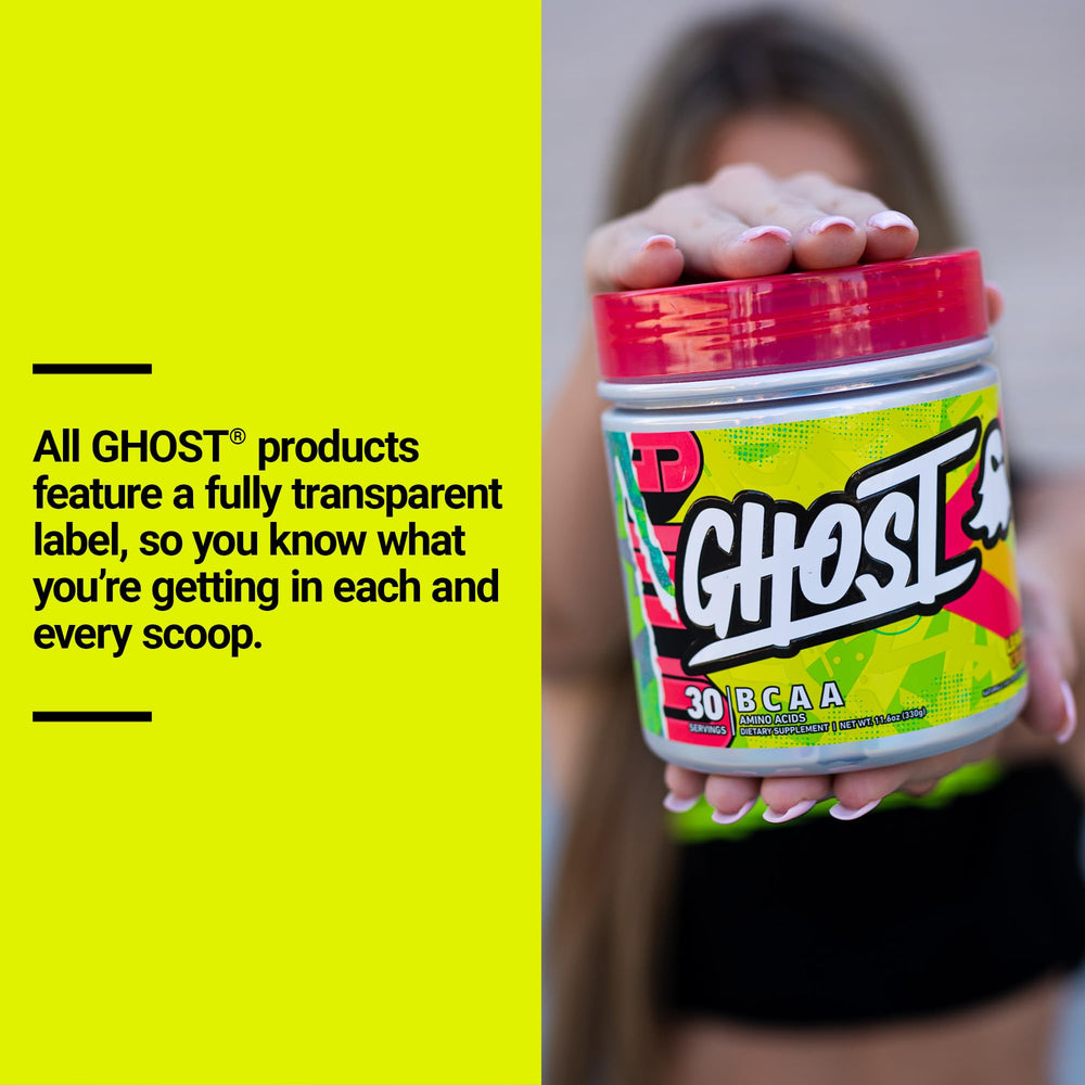 GHOST BCAA Lemon Crush tub close-up, vegan-friendly and sugar-free claims
