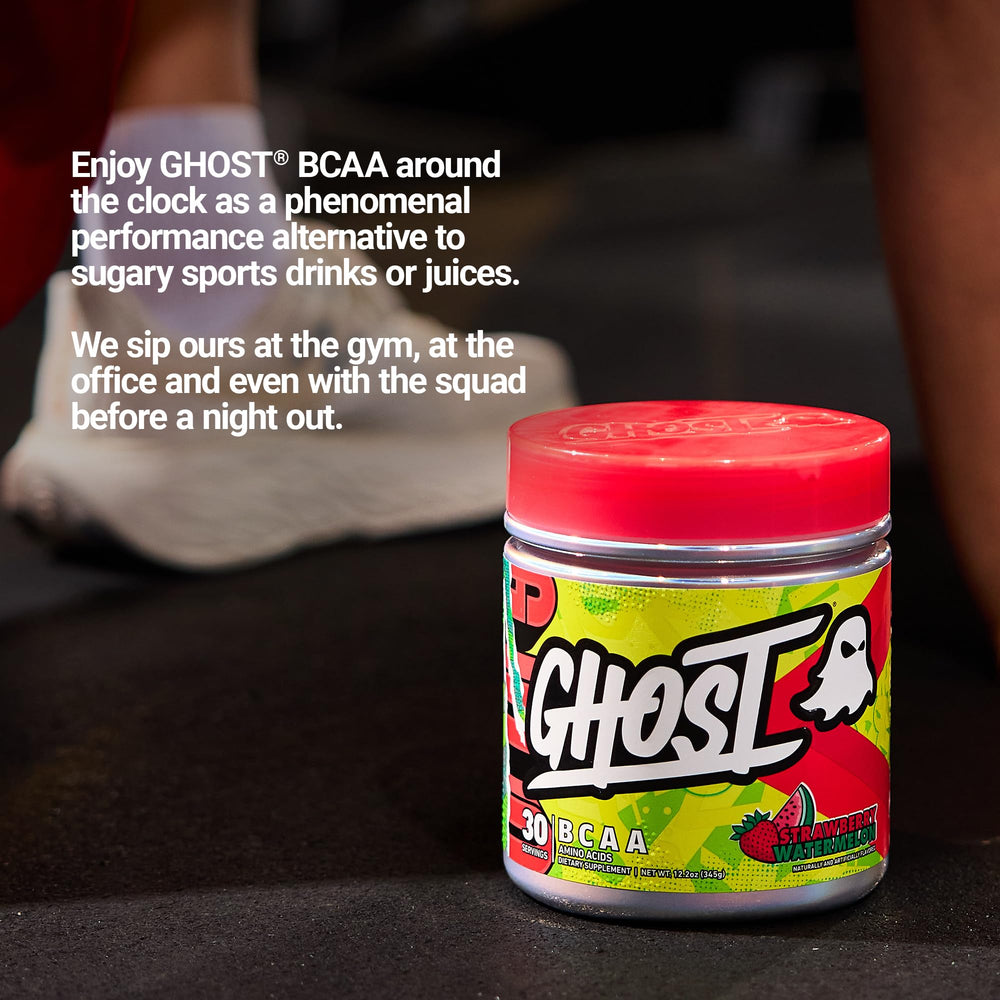 Product label highlights vegan-friendly and sugar-free features of GHOST BCAA.