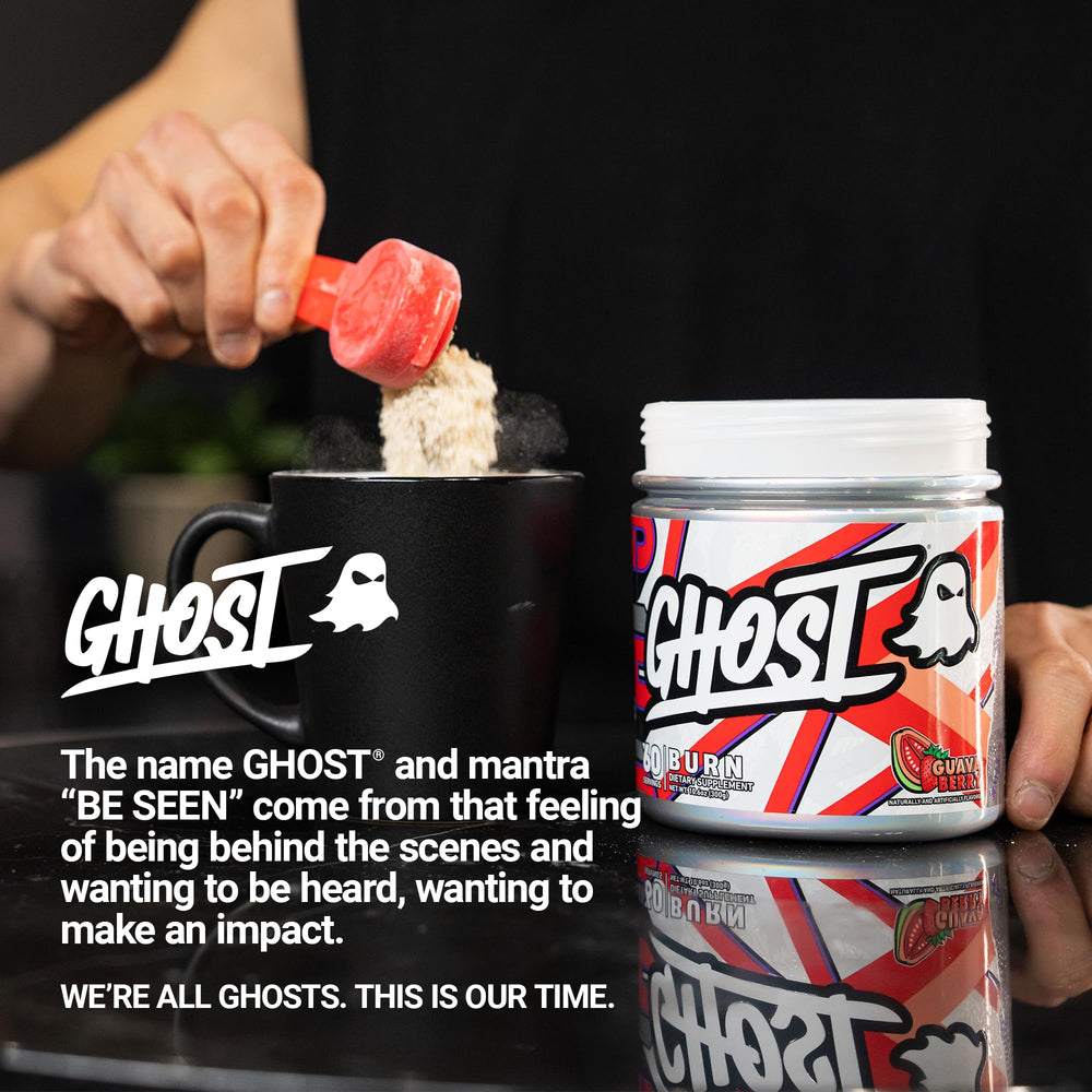 GHOST Burn Guava Berry usage scene shows pre-workout preparation for energy