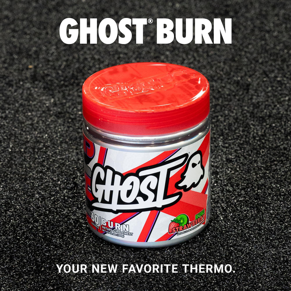 Front label of GHOST Burn Kiwi Strawberry container shows vegan-friendly formula.