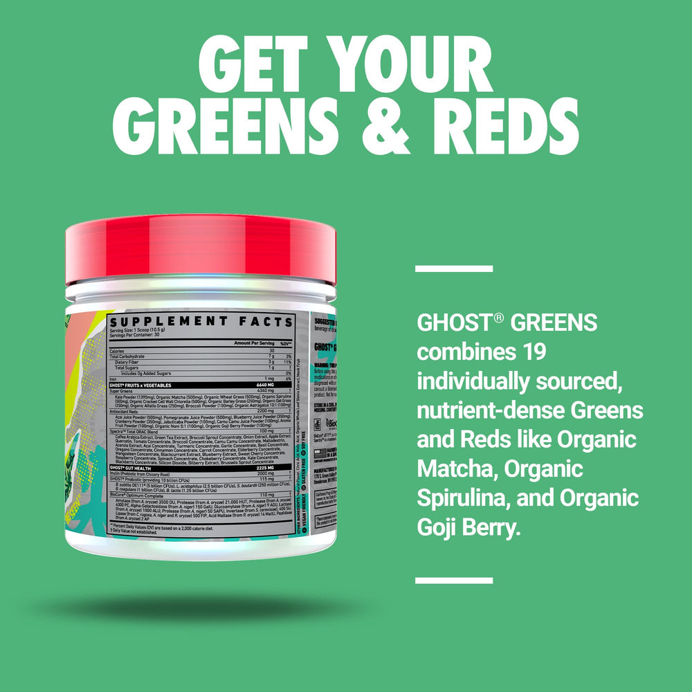GHOST Greens Guava Berry ingredients panel with chlorella and spirulina for plant-based nutrition.