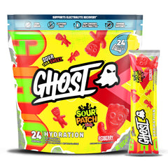 GHOST Hydration packet with Sour Patch Kids Redberry in a shaker bottle for easy hydration.