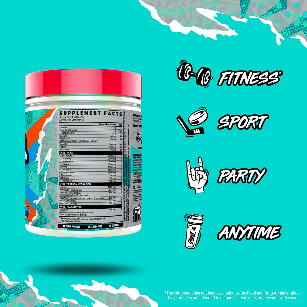 GHOST Intra Blue Raspberry powder being poured for quick hydration and smooth mixing