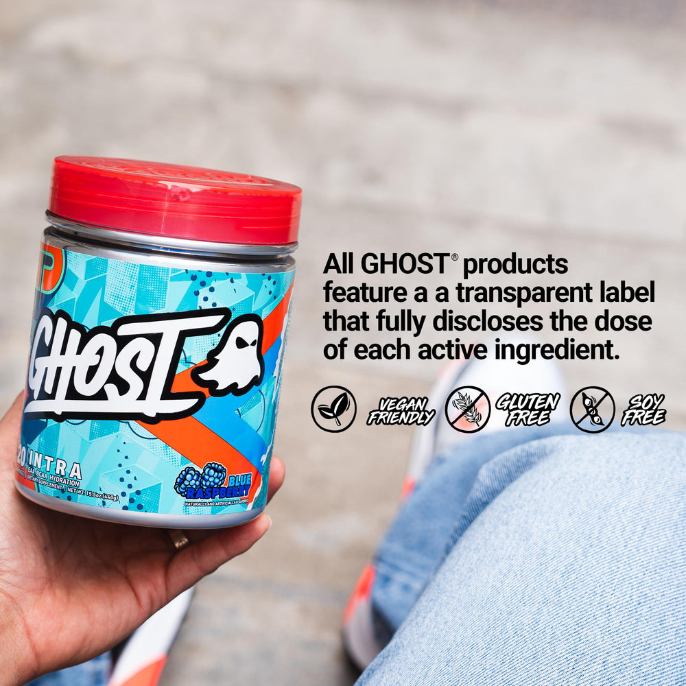 GHOST Intra Blue Raspberry shaker bottle shown for on-the-go focus and endurance