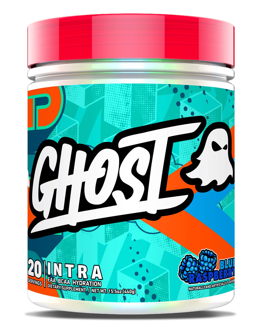 GHOST Intra Blue Raspberry tub label highlighting hydration support and recovery potential after intense training