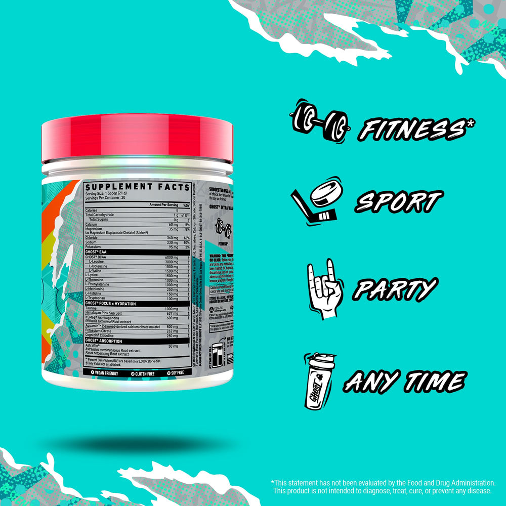 GHOST Intra Lemon Lime shaker demonstrates convenient pre intra post workout use.