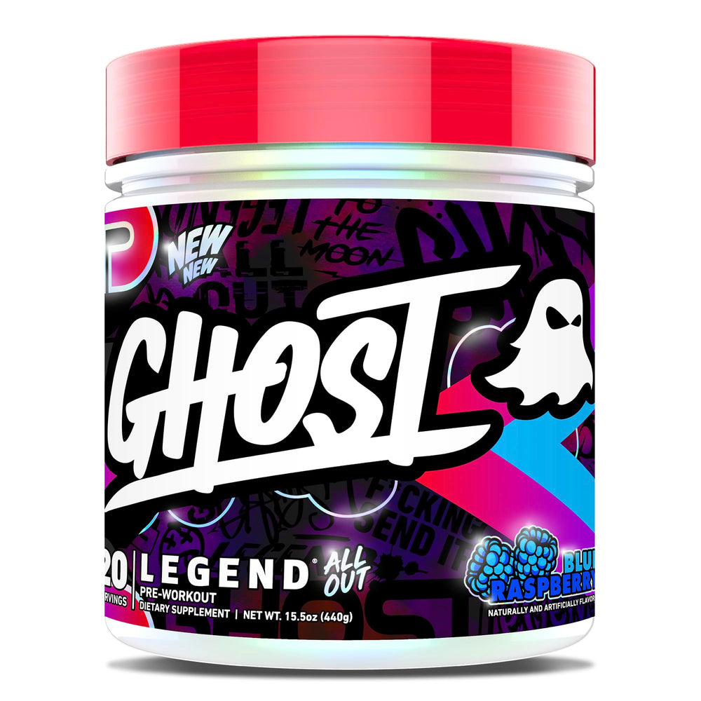 GHOST Legend All Out blue raspberry powder ready for a clean energy boost