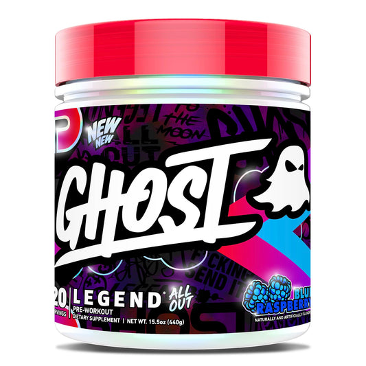 GHOST Legend All Out blue raspberry powder ready for a clean energy boost