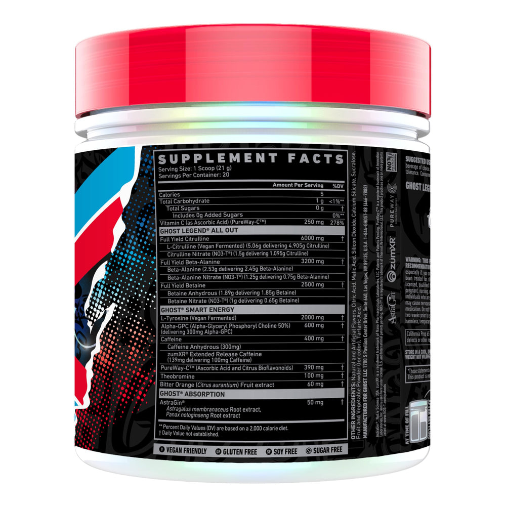 GHOST Legend All Out Merica Pop scoop showing the powerful pre-workout formula for training