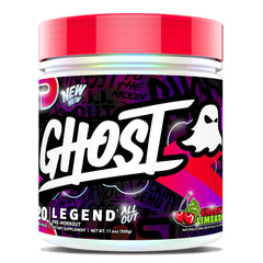 Ghost Legend All Out pre-workout bottle shows Cherry Limeade flavor for sustained energy.