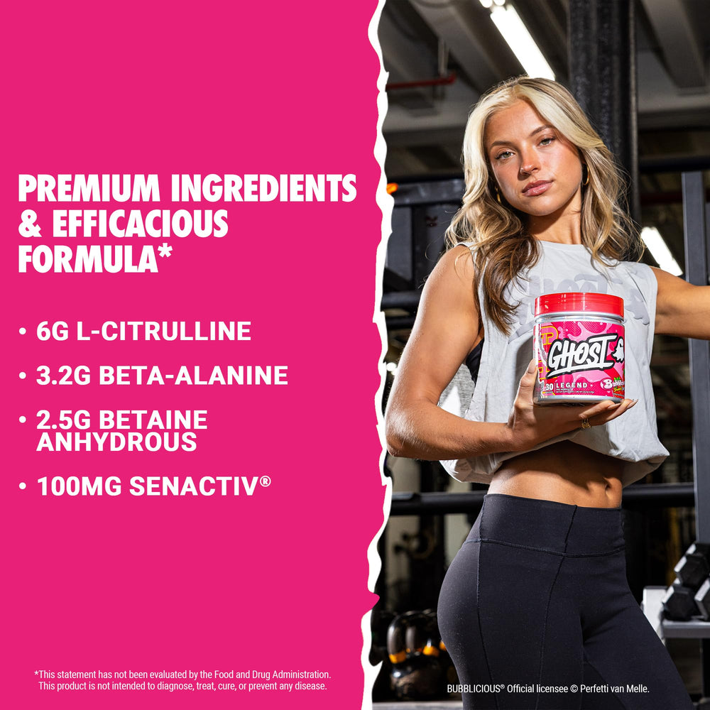 GHOST Legend label shows transparent ingredient amounts for vegan-friendly formula.