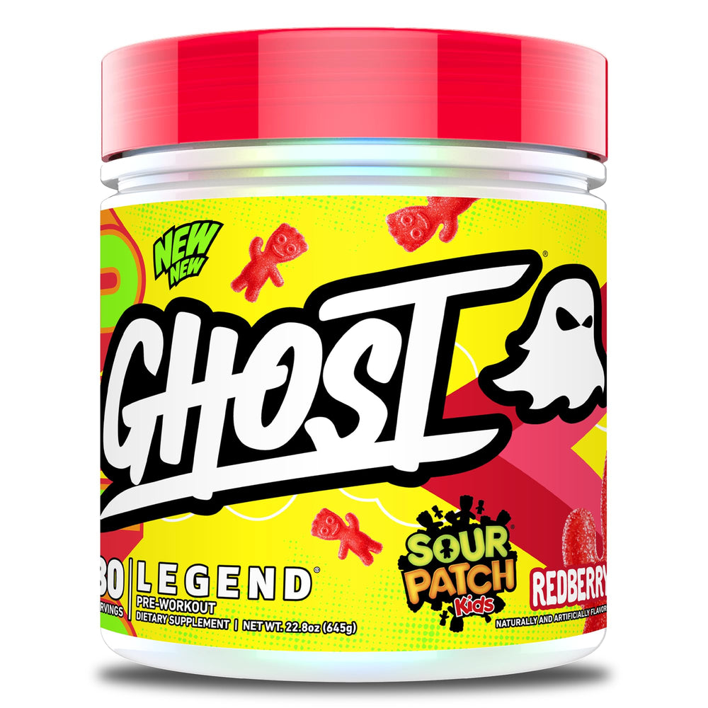 GHOST Legend pre-workout powder bottle front in Sour Patch Kids Redberry flavor for energized workouts.