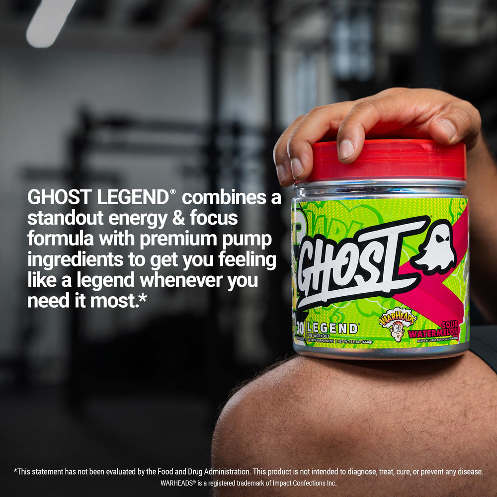 Ghost Legend powder being mixed into water for quick workout energy