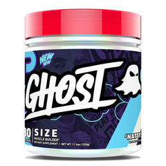 Ghost Size Muscle Builder tub label shows full ingredient doses for transparency.