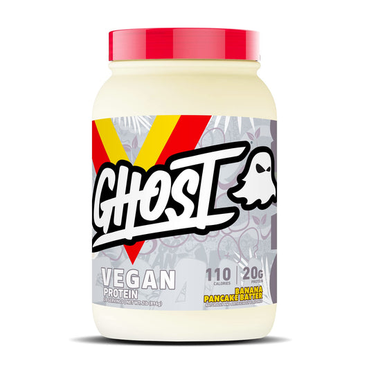 Ghost Vegan Protein Banana Pancake Batter tub with label and 20g protein