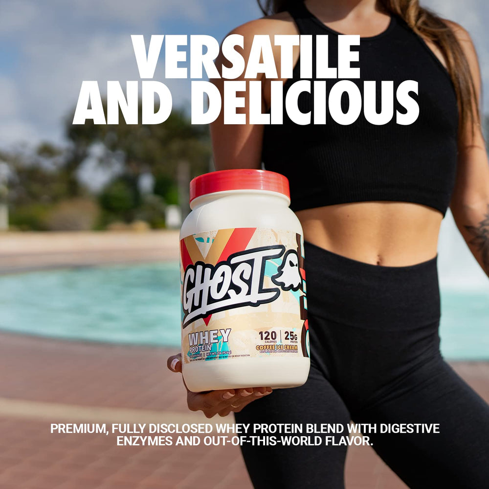GHOST Coffee Ice Cream whey shake ready for post-workout recovery.