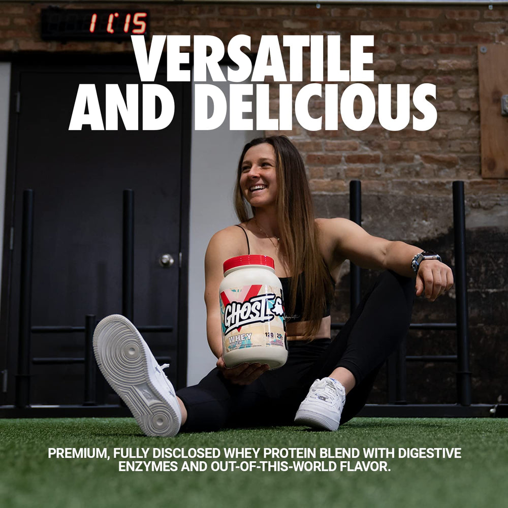 Pouring GHOST Whey Fruity Cereal Milk for a post-workout shake.