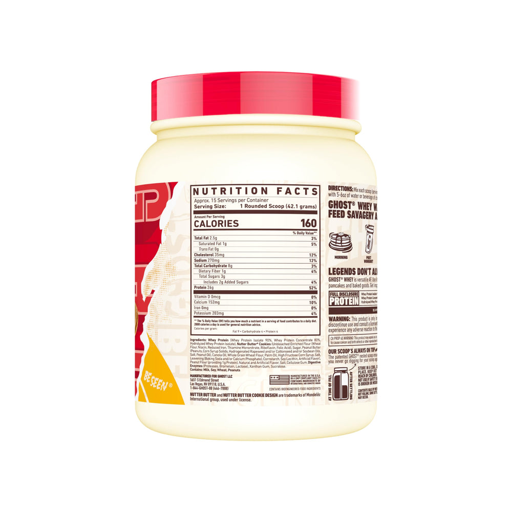 GHOST Whey Nutter Butter back label reveals 26G protein per scoop and transparent ingredients.