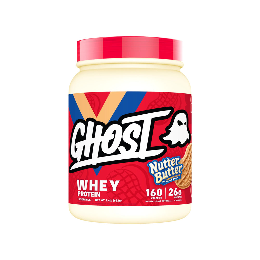 GHOST Whey Nutter Butter tub front shows real cookie pieces for indulgent flavor.