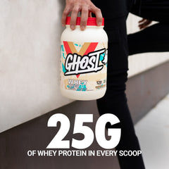 GHOST transparent label shows exact ingredients and protein breakdown.