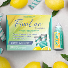 GHT FiveLac lemon probiotic powder drink mix ready to mix with water for digestion support