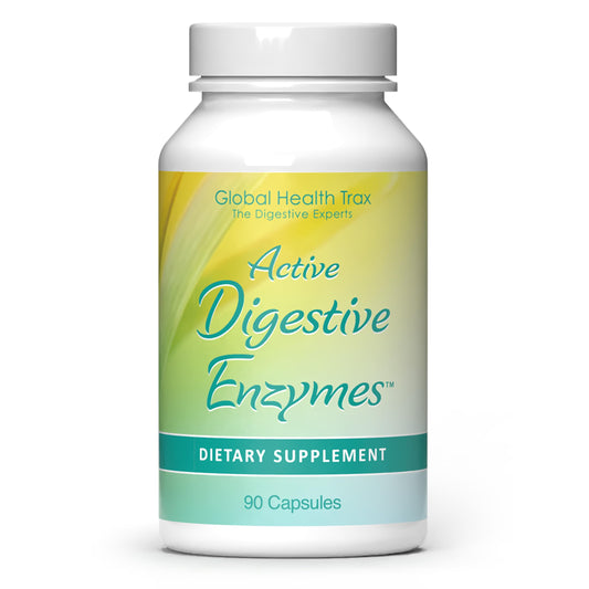 ght Global Health Trax Active Digestive Enzymes bottle supports comfortable digestion after meals.