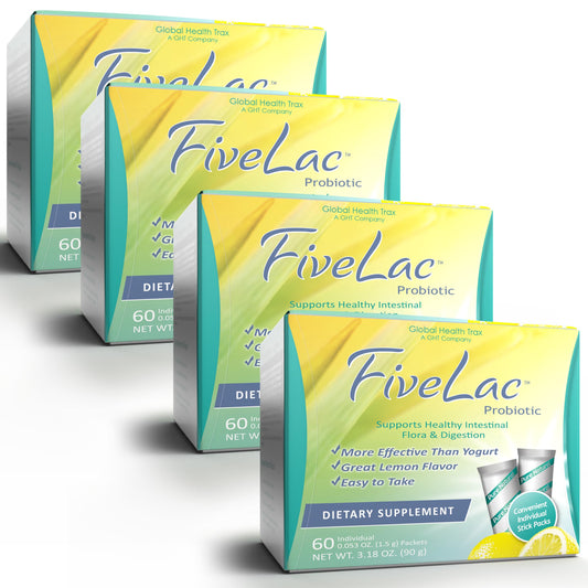 Global Health Trax FiveLac Lemon probiotic powder bottle for daily digestive health.