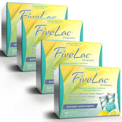 Global Health Trax FiveLac Lemon probiotic powder bottle for daily digestive health.