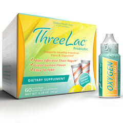 Global Health Trax ThreeLac Lemon Probiotic Powder bottle for gut balance and daily wellness.