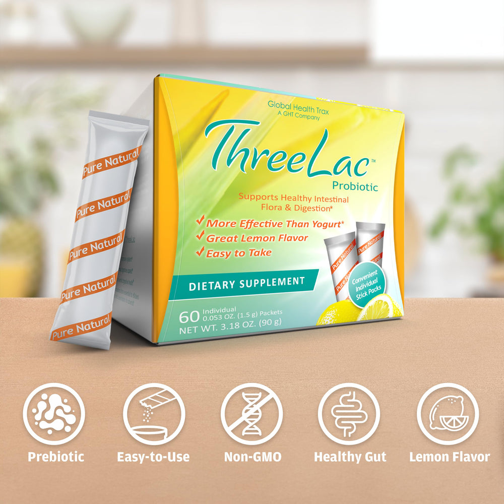 Global Health Trax ThreeLac Lemon packaging highlights family-friendly probiotic powder