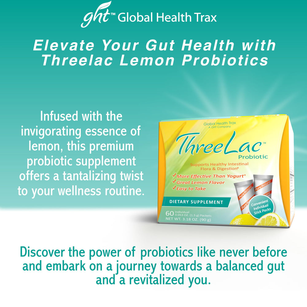 Global Health Trax ThreeLac Lemon probiotic drink mix sachet demonstrates convenient on-the-go gut support