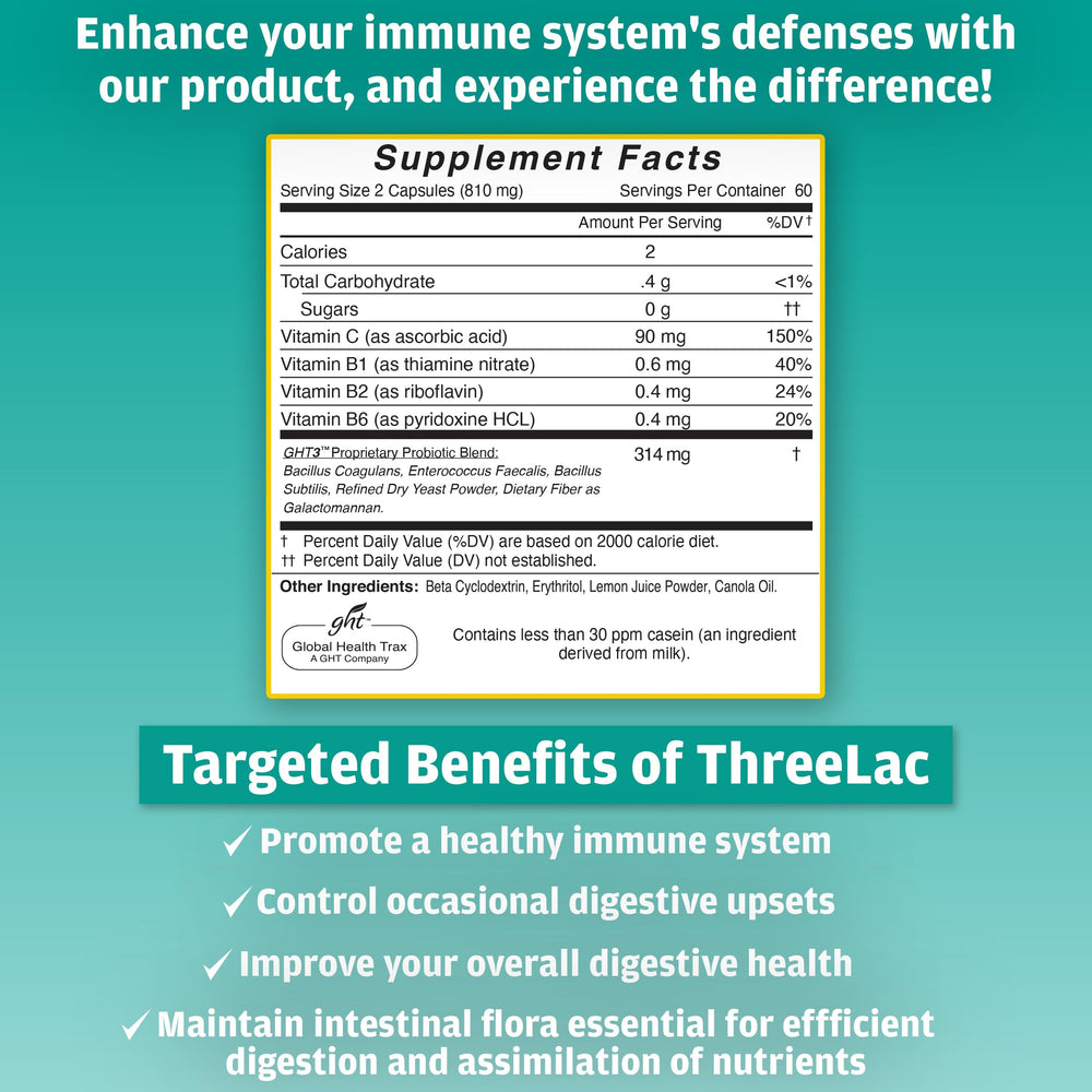 GHT ThreeLac probiotic capsules bottle back-label with dosage and non-GMO details.