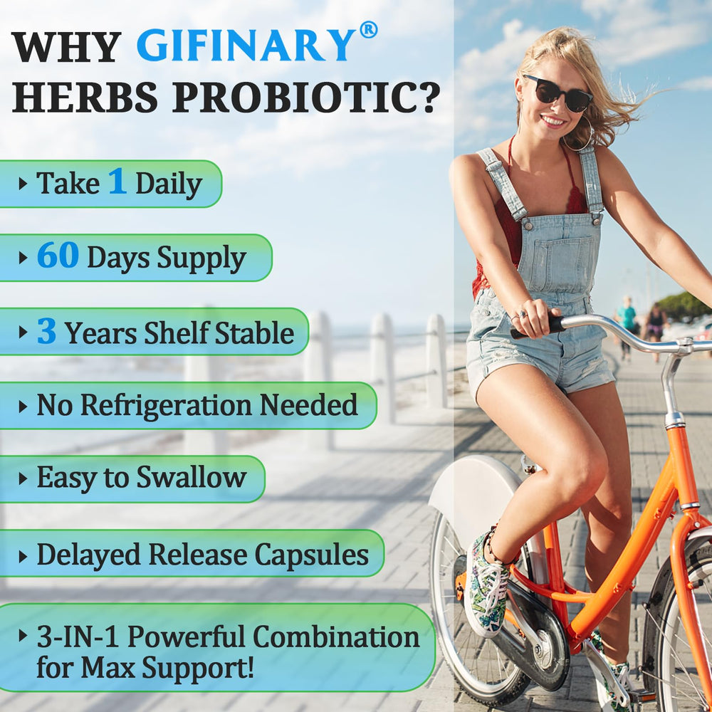 Gifinary organic herbs and prebiotics emphasize natural gut cleansing benefits.