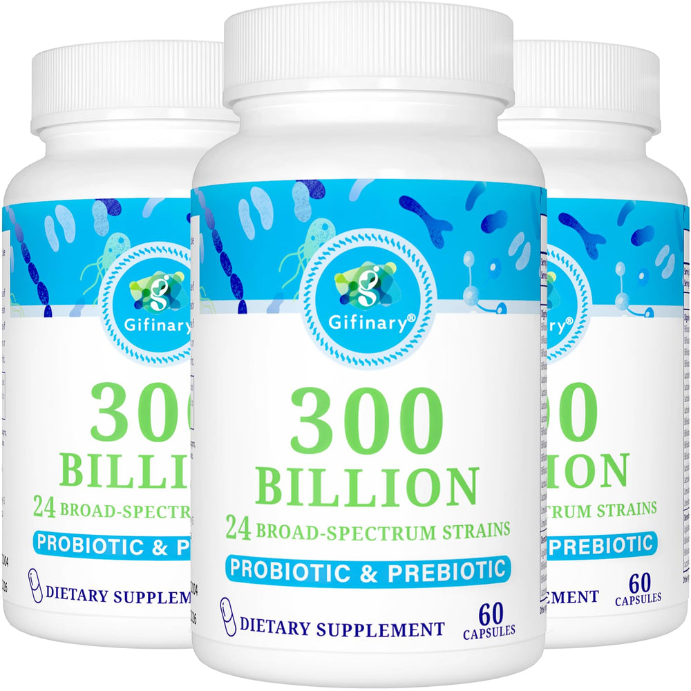 Gifinary Probiotics bottle front shows 300B CFU daily support for gut balance.