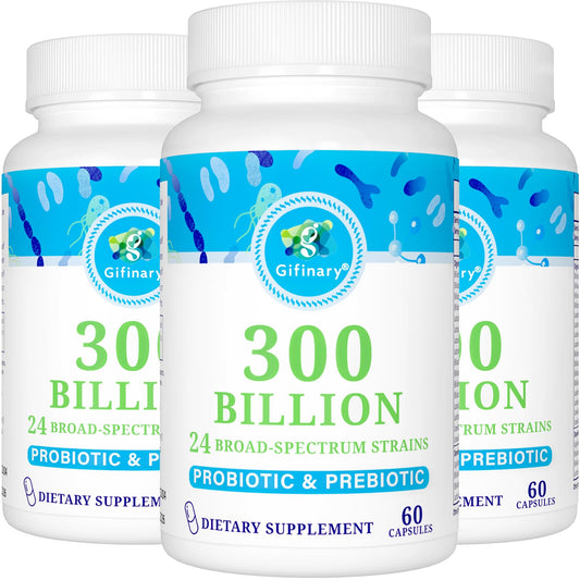 Gifinary Probiotics bottle front shows 300B CFU daily support for gut balance.