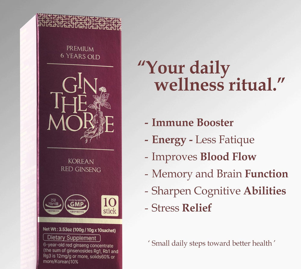 GIN THE MORE six-year-old red ginseng roots highlight premium quality.