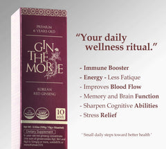 GIN THE MORE six-year-old red ginseng roots highlight premium quality.