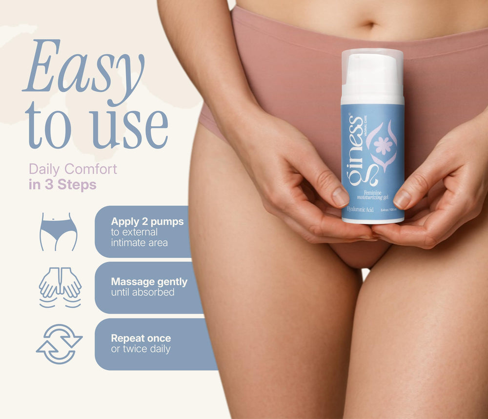 GINESS Intimate Serum bathroom routine scene suggests quick daily comfort.