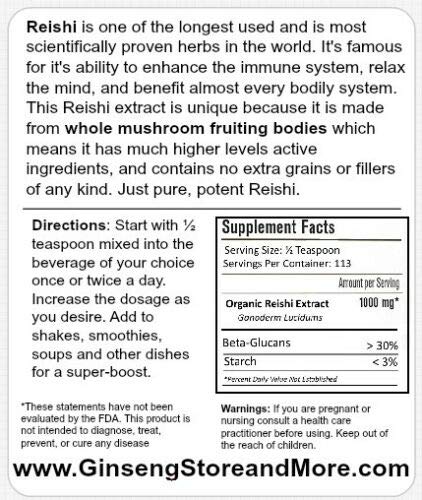 Close-up of GinsengStoreAndMore Red Reishi label with beta-glucans.