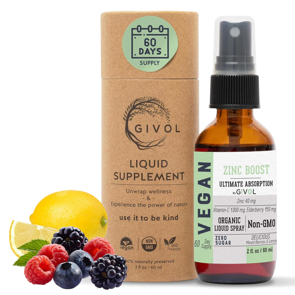 GIVOL Organic Zinc Boost Mist bottle shows 60 ml size for on-the-go daily use